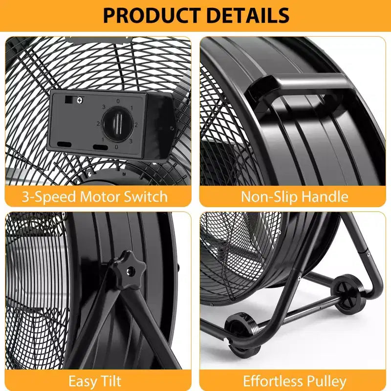 Ventilatore da Pavimento, Ventilatore Industriale - Ventilatore a Tamburo Robusto da 24 Pollici con 4 Velocità, Circolatore d'Aria in Metallo per Magazzino, Officina, Garage, Fabbrica, Cantina