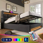 Letto Queen Size con Contenitore Idraulico, LED, USB, Testiera Imbottita, Nessuna Rete a Molle, Facile Montaggio