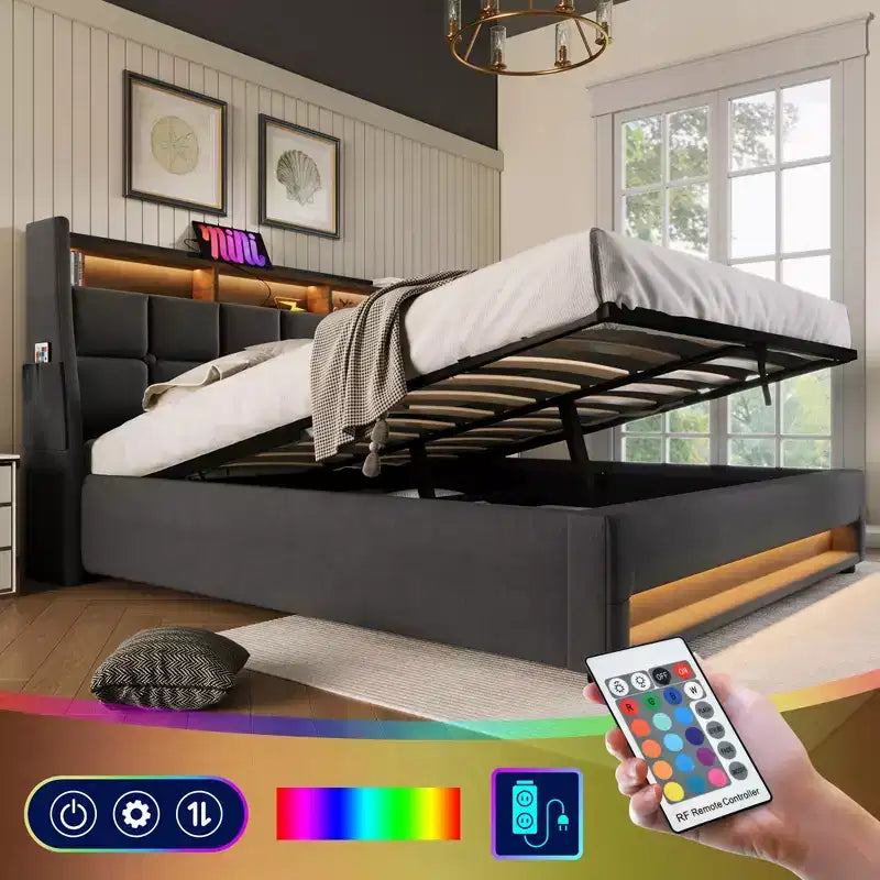 Letto Queen Size con Contenitore Idraulico, LED, USB, Testiera Imbottita, Nessuna Rete a Molle, Facile Montaggio