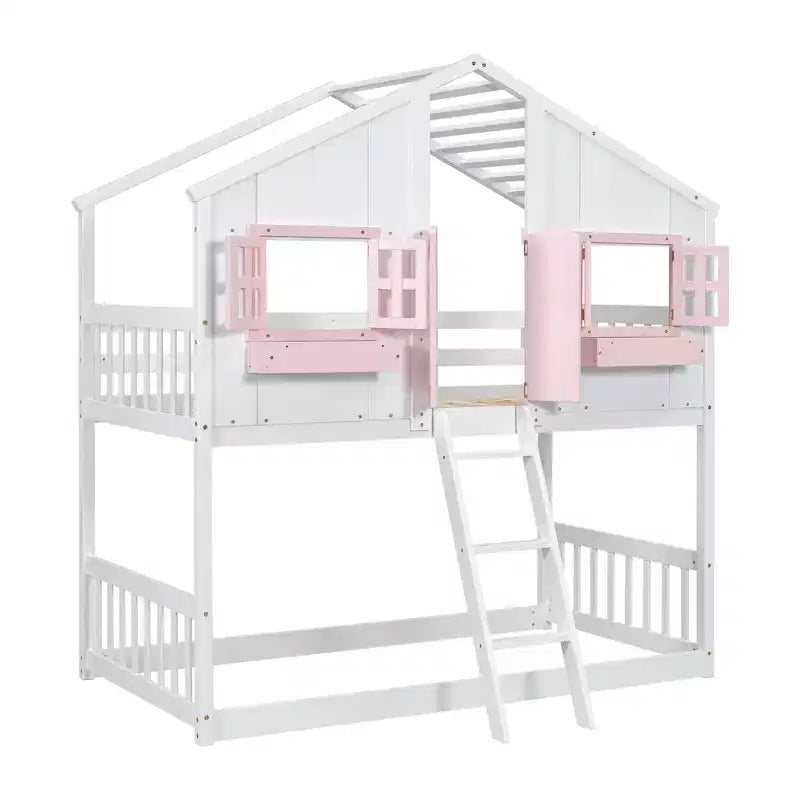 Letto a soppalco a forma di casetta con scaletta e spondine per bambini, in legno, misura singola