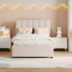 Bellemave Letto Matrimoniale Singolo con Contenitore a Sollevamento, Letto a Piattaforma Imbottito con Sistema di Contenitore Idraulico, Testiera a Strisce Verticali, Beige