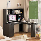Scrivania a L con presa di corrente, scrivania per computer con cassetti, libreria e mobiletto, scrivania angolare moderna, scrivania per ufficio domestico