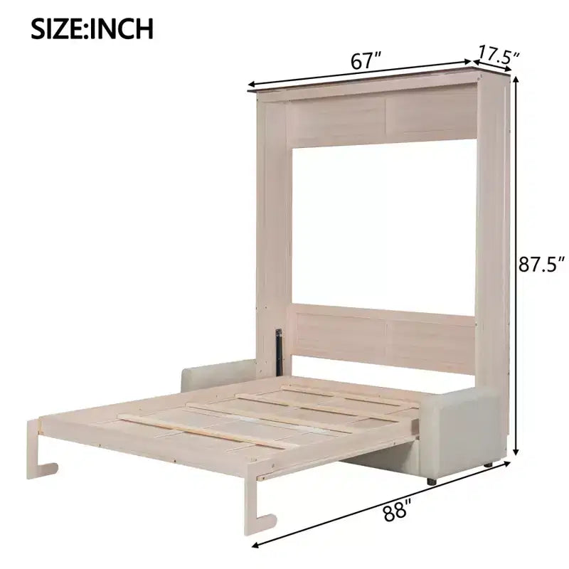 Letto a scomparsa Queen Size con divano, letto a scomparsa in legno Queen con luce LED, letto a cassapanca pieghevole con per camera degli ospiti, Beige