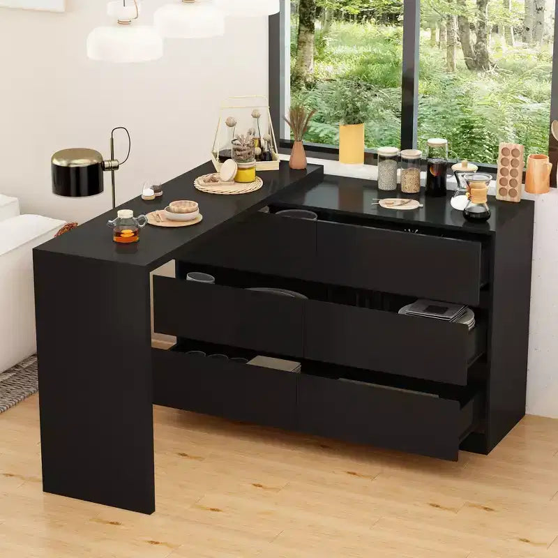 Credenza/Mobile Buffet Intelligente Girevole/Allungabile con 6 Cassetti, Piano d'Appoggio Estensibile, Tappetino Antiscivolo, Tavolo da Pranzo Girevole, Dispensa ad Isola per Cucina