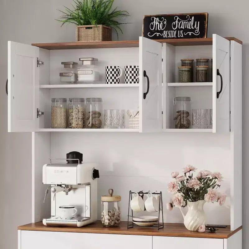 Mobile dispensa da cucina da 71" con stazione di ricarica, ampio piano di lavoro, supporto per microonde e 2 cassetti, mobile contenitore per sala da pranzo e soggiorno