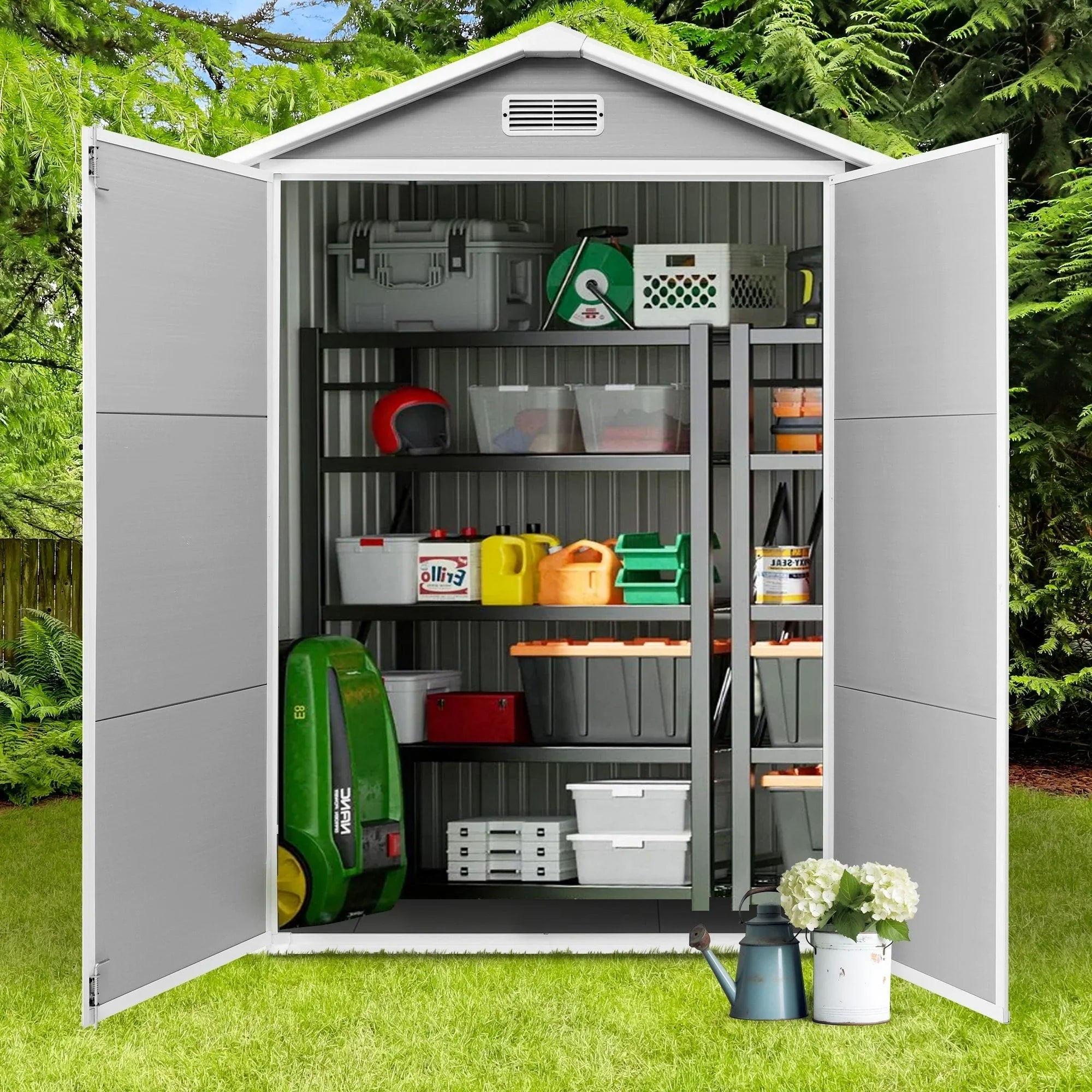 Casetta da giardino in resina per esterni, in plastica, per tutte le stagioni, con pavimento, 6 x 4 piedi/6 x 8 piedi/8 x 6 piedi/8 x 10 piedi, Spire Tool Shed