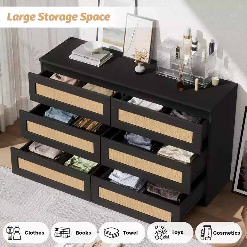 Cassettiera in Rattan per Camera da Letto con 6 Cassetti, Comò Largo Moderno in Stile Fattoria da 120 cm, Mobile Contenitore in Legno per Armadio, Soggiorno, Corridoio