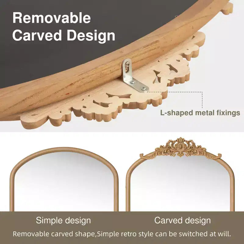 Specchio da parete marrone con cornice in legno ad arco intagliata classica e base in rattan, 37 pollici L x 71 pollici A