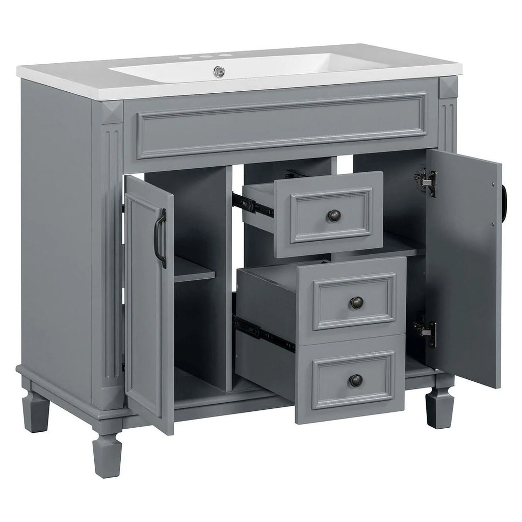 Mobile Bagno Moderno da 90cm con Lavabo Integrato e Specchiera, 2 Ante e 2 Cassetti