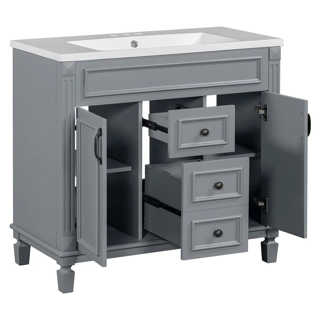 Mobile Bagno Moderno da 90cm con Lavabo Integrato e Specchiera, 2 Ante e 2 Cassetti