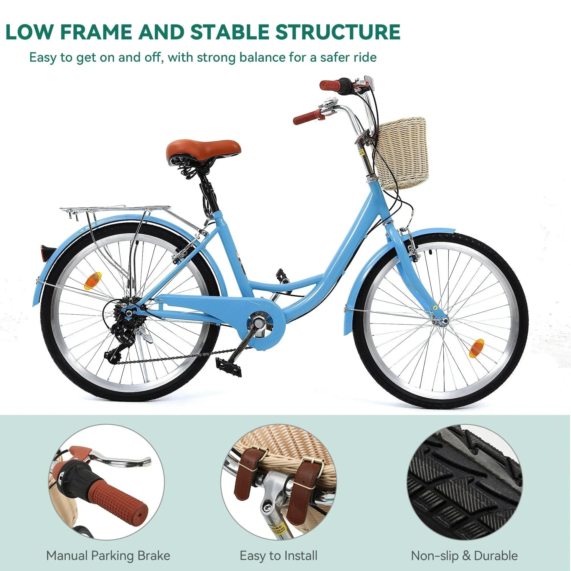 Moasis24/26 Bicicletta Cruiser a 7 velocità Regolabile con Telaio Ribassato, per Pendolari