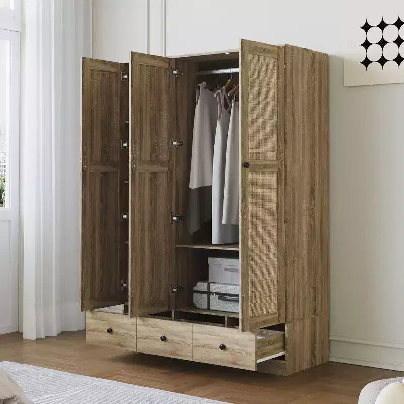 Famapy Armadio in Rattan con 3 Cassetti, Armadio con 3 Ante Traspiranti in Rattan, Armadio Alto in Stile Rustico per Camera da Letto