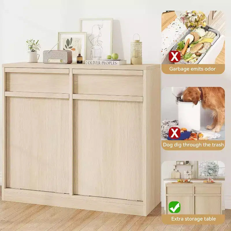 Pattumiera Inclinabile, Rovere Naturale, Pattumiera con Contenitore e Cassetto, Cestino Nascosto, Cesto Portabiancheria per Cucina, Sala da Pranzo, Soggiorno