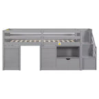 Letto a soppalco basso in legno massiccio, piazza e mezza, 94.6L x 42.3W, con scala, cassetto e mensola, design moderno e pulito