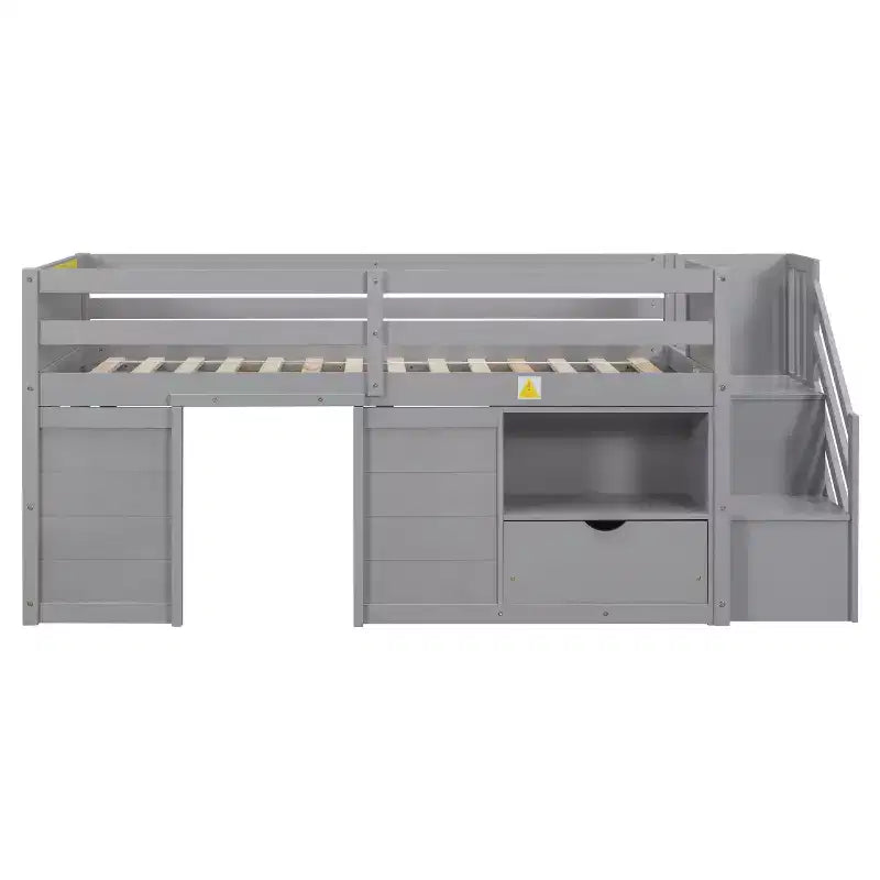 Letto a soppalco basso in legno massiccio, piazza e mezza, 94.6L x 42.3W, con scala, cassetto e mensola, design moderno e pulito