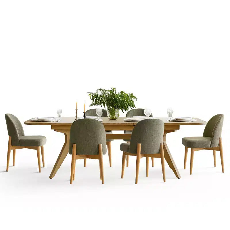 Set da pranzo da 7 pezzi, tavolo allungabile 78-96 con base a cavalletto e sedie imbottite con gambe in legno massello-Panipeachy