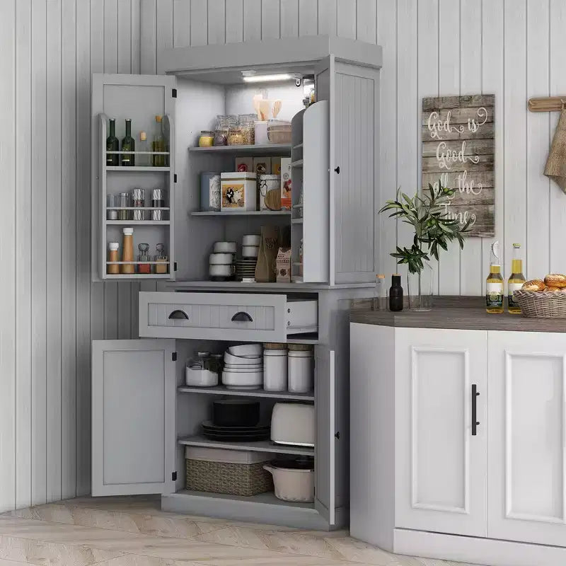 Mobile credenza da cucina da 71" con luci a LED, 6 ante con ripiani, un cassetto e 4 ripiani regolabili