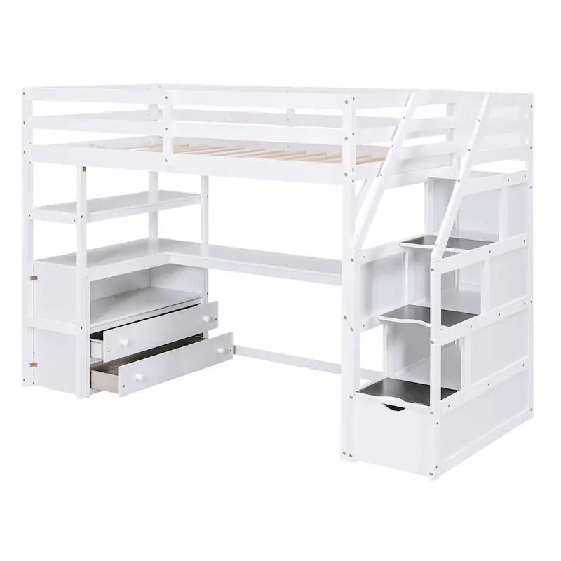 Letto a soppalco singolo con scrivania e mensole, due cassetti integrati, scala contenitore