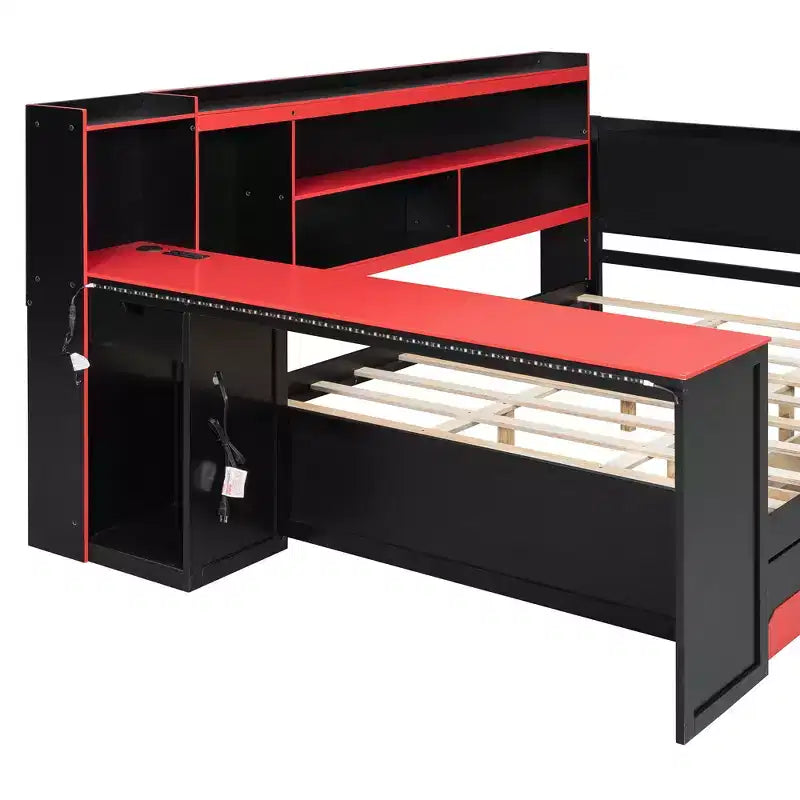 Daybed da gioco completo/queen size con testiera libreria, luci LED, scrivania integrata, cassetti e stazione di ricarica