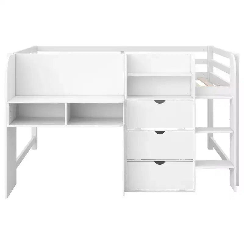 Letto a soppalco basso rosa/bianco con scrivania, contenitore e lavagna bianca – Singolo, 1 persona