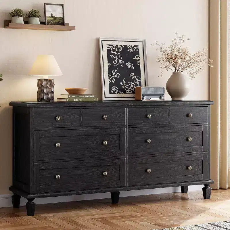 Comò a 8 cassetti per camera da letto, mobile TV vintage da 150 cm con maniglie intagliate e gambe affusolate, cassettiera in legno con grande capacità di archiviazione