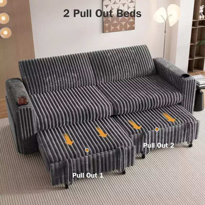 Divano Letto Sezionale Dyonery 91 con Letto Estraibile, Schienale Reclinabile/Due Letti Estraibili/Porte USB/Portabicchieri, Velluto a Coste Peluche