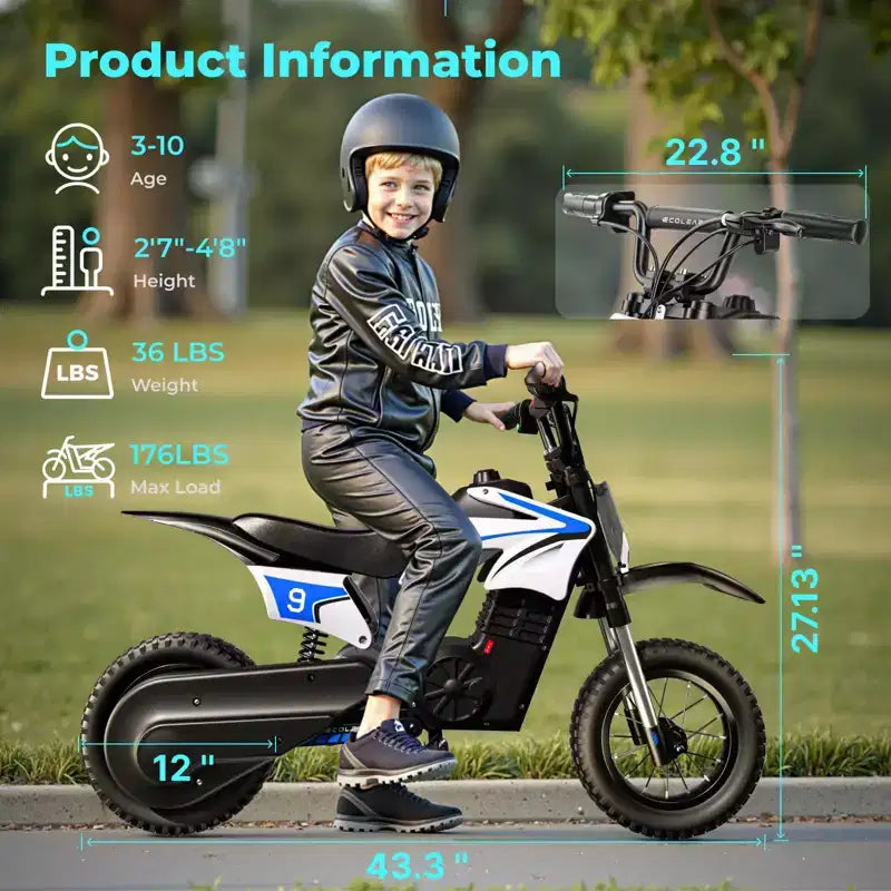 ECOLEAP K1 Moto da cross elettrica per bambini 36V 25 km/h veloce, autonomia 22 km, motore di picco 700W, 3 modalità di velocità, pneumatici fuoristrada da 12 pollici, certificazione UL, età 3-10 anni
