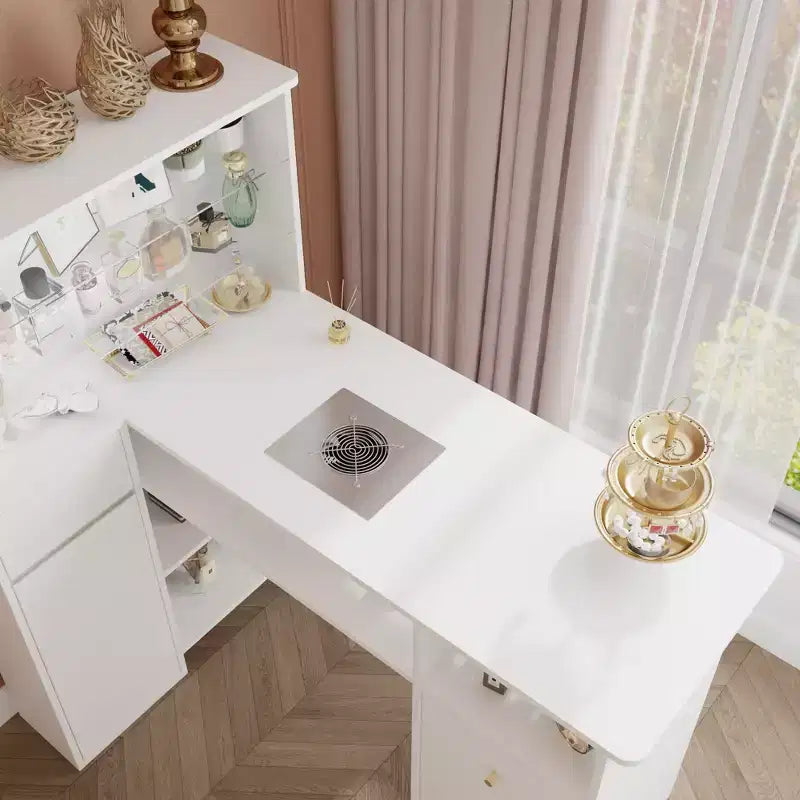 Tavolo Unghie Bianco con Aspiratore Integrato, Vetrina in Vetro Temperato, Maniglie Dorate, Postazione Salone Unghie, Tavolo Trucco