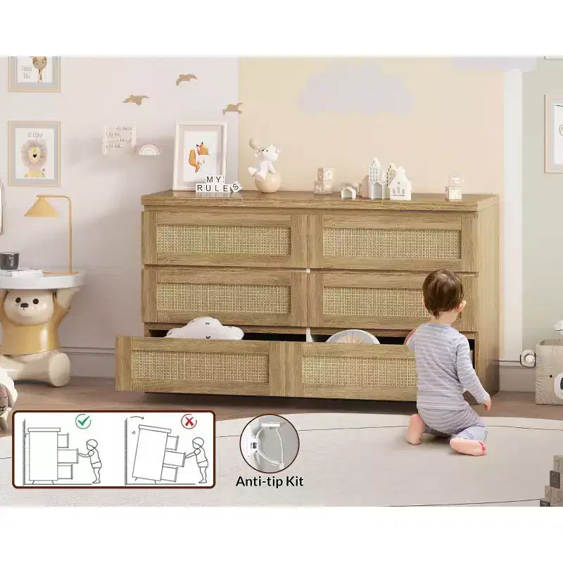 Cassettiera in Rattan per Camera da Letto con 6 Cassetti, Comò Largo Moderno in Stile Fattoria da 120 cm, Mobile Contenitore in Legno per Armadio, Soggiorno, Corridoio