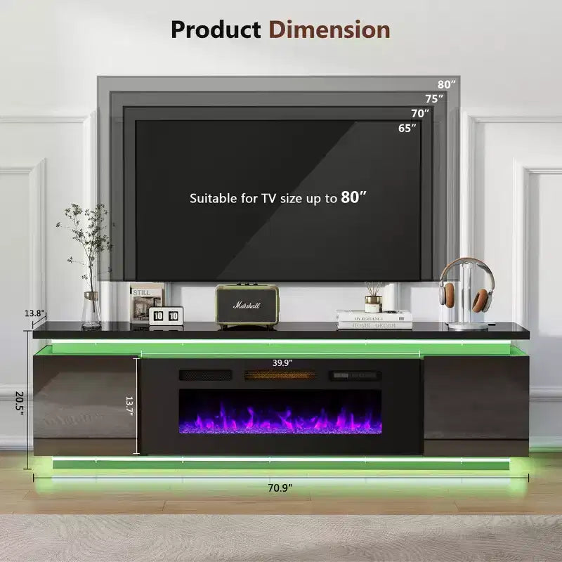 Mobile TV Skyzoo con camino elettrico per TV fino a 80" con luci a LED e 4 prese CA, console TV per soggiorno