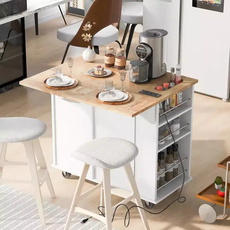 Isola da Cucina Mobile con Presa di Corrente, Piano Ribaltabile e Top in Legno di Gomma
