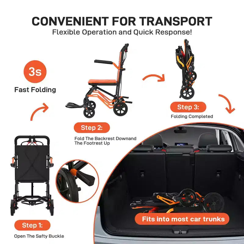 Carrozzina Pieghevole da Trasporto Ultraleggera, Supporta 100 kg, Telaio in Alluminio da 8 kg, Seduta da 41 cm, Braccioli e Poggiapiedi Rimovibili, Freno di Stazionamento