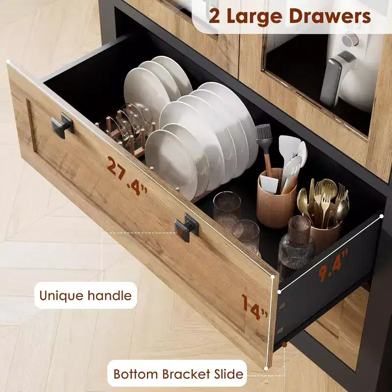 Dispensa da Cucina Coloniale con Ante in Vetro, Armadio Contenitore da 72 pollici con Cassetti e Ripiani Regolabili per Sala da Pranzo Bagno Soggiorno