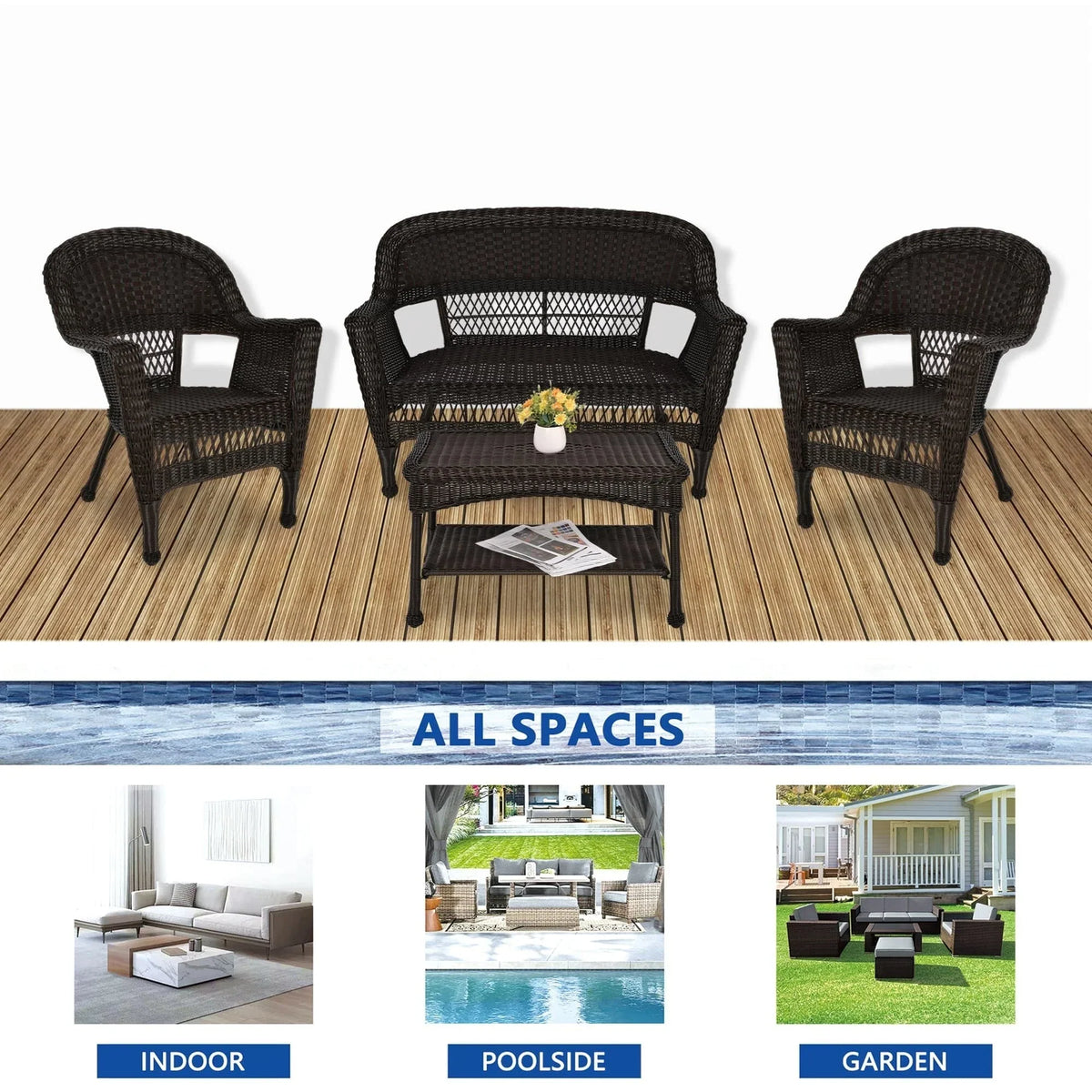 Set da conversazione da 4 pezzi per patio in vimini