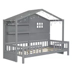 Letto a capanna per bambini con scaffali e sponde, Struttura letto in legno stile Montessori per bambini con finestra e striscia luminosa scintillante