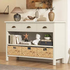 Consolle da Ingresso con Contenitore, Tavolo da Ingresso Stile Rustico con 3 Cassetti e 3 Cesti in Giacinto d'Acqua per Soggiorno o Ingresso - Panipeachy