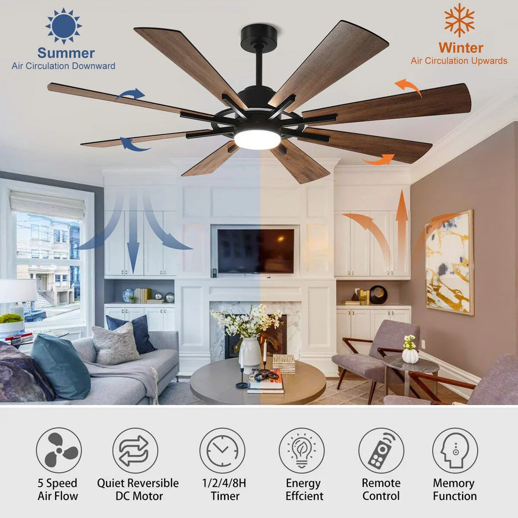 Ventilatore da soffitto con luci telecomandato e 8 grandi pale in legno