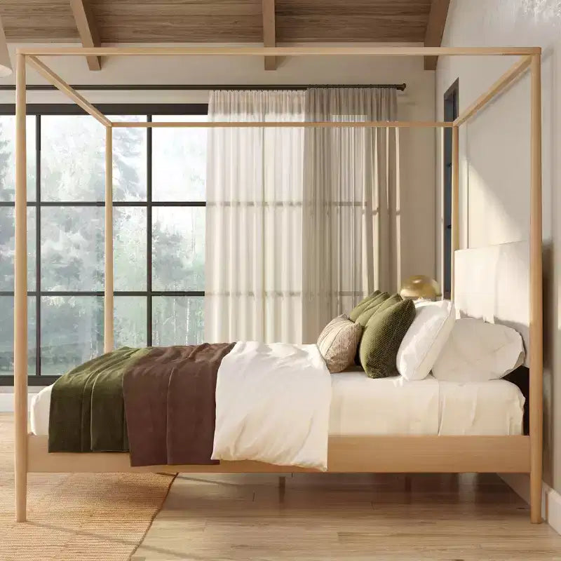 Letto a baldacchino Harbor King con testiera imbottita, biondo/Swiss Coffee (MD2411-01)
