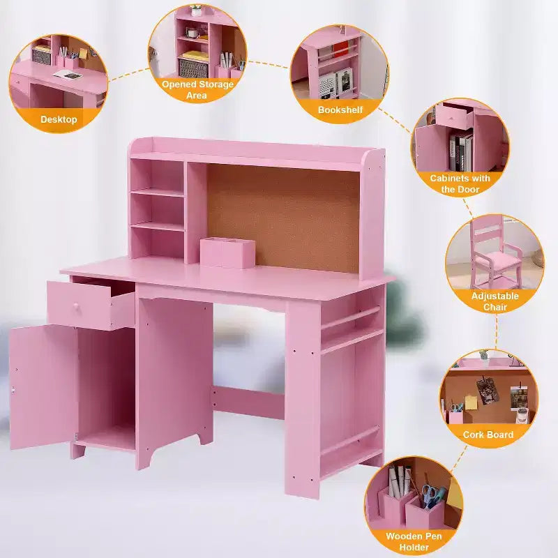 Scrivania per bambini, set scrivania e sedia per ragazzi e ragazze, tavolo da scrittura per bambini in legno con libreria, bacheca, armadietto e cassetto per età 3-8