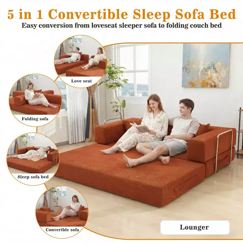 Dyonery 78Divano Letto Pieghevole Convertibile in Corduroy King Size Divano Letto a Pavimento Combinazione 4-in-1 Divano Modulare Componibile Divano Comodo Pieghevole.