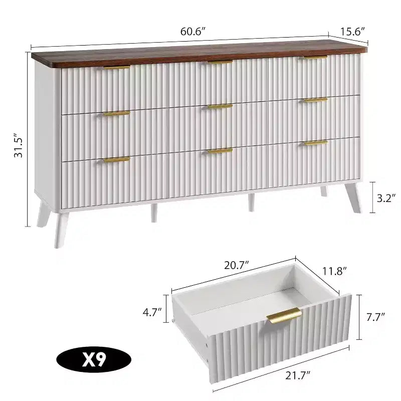 Cassettiera scanalata a 9 cassetti, Comò moderno, Mobile TV in legno, Design a profilo curvo, per soggiorno, corridoio