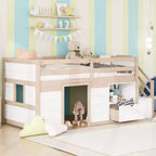 Letto a soppalco basso in legno massiccio, piazza e mezza, 94.6L x 42.3W, con scala, cassetto e mensola, design moderno e pulito