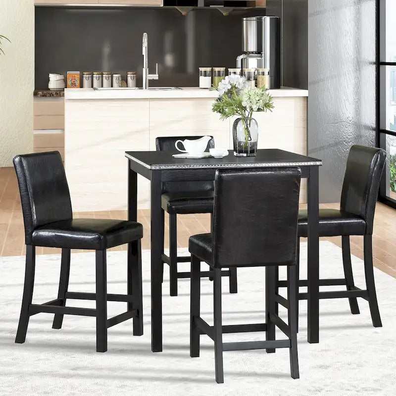 Set da pranzo moderno di 5 pezzi con tavolo quadrato ad altezza bancone e 4 sedie imbottite
