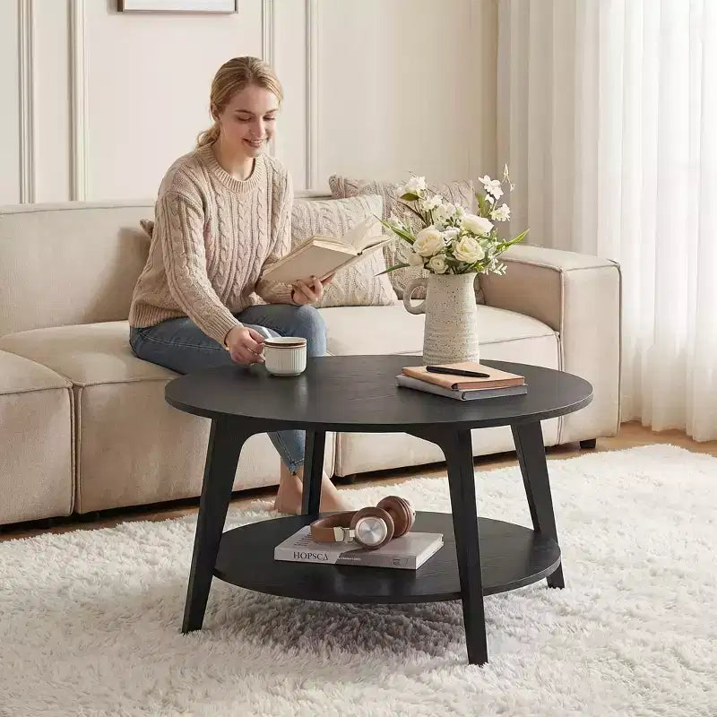 Tavolino rotondo color miele con 2 ripiani, misure 80 x 45 cm, ideale per il soggiorno