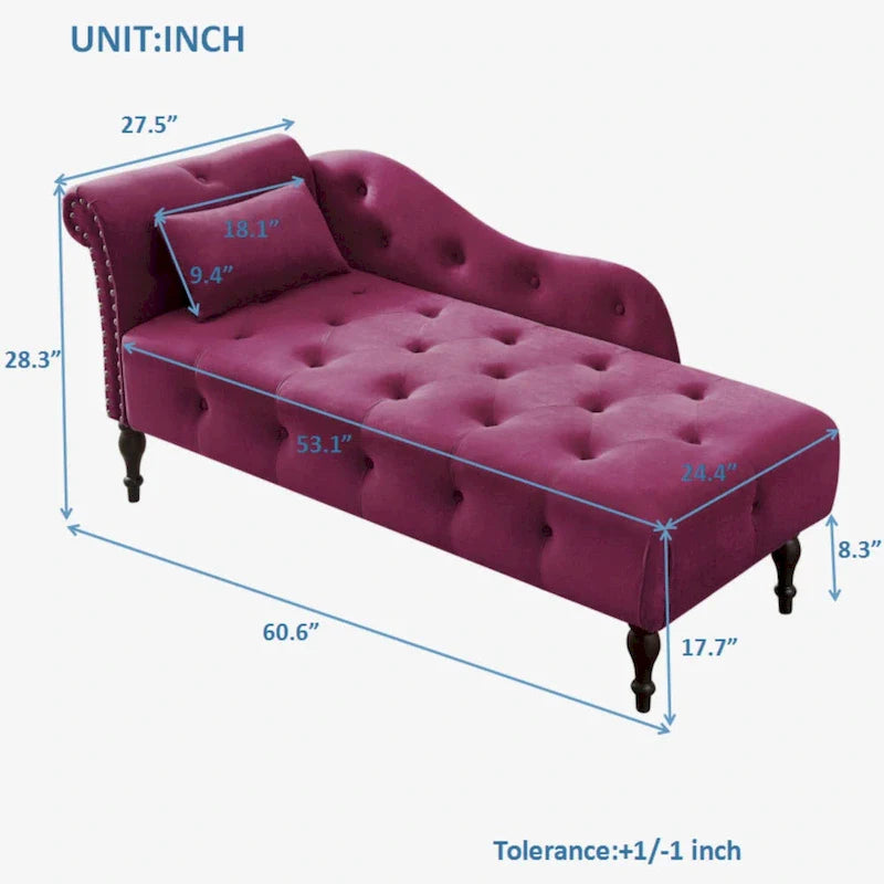 Moderna poltrona a sdraio imbottita in velluto da 60,6" con bottoni capitonné, gambe in legno massello e borchie