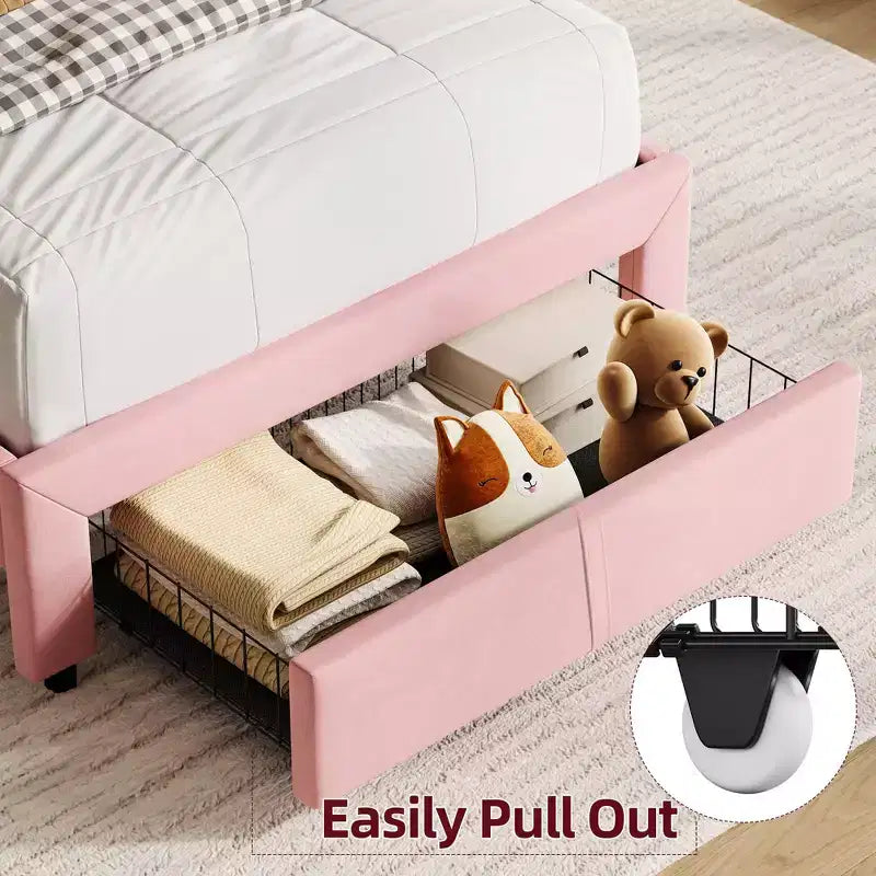Struttura Letto Singolo (2 pz) con Cassetti Contenitori e Testiera, Rivestito in Velluto, Basso Profilo, Silenzioso, Facile da Montare, Rosa