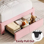 Struttura Letto Singolo (2 pz) con Cassetti Contenitori e Testiera, Rivestito in Velluto, Basso Profilo, Silenzioso, Facile da Montare, Rosa