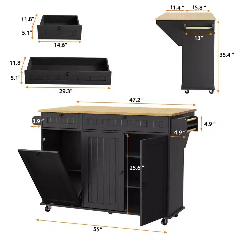 Tavolo da cucina mobile con isola da 55" con presa di corrente e anta a ribalta, carrello da cucina con isola su ruote e armadietto per pattumiera per la cucina