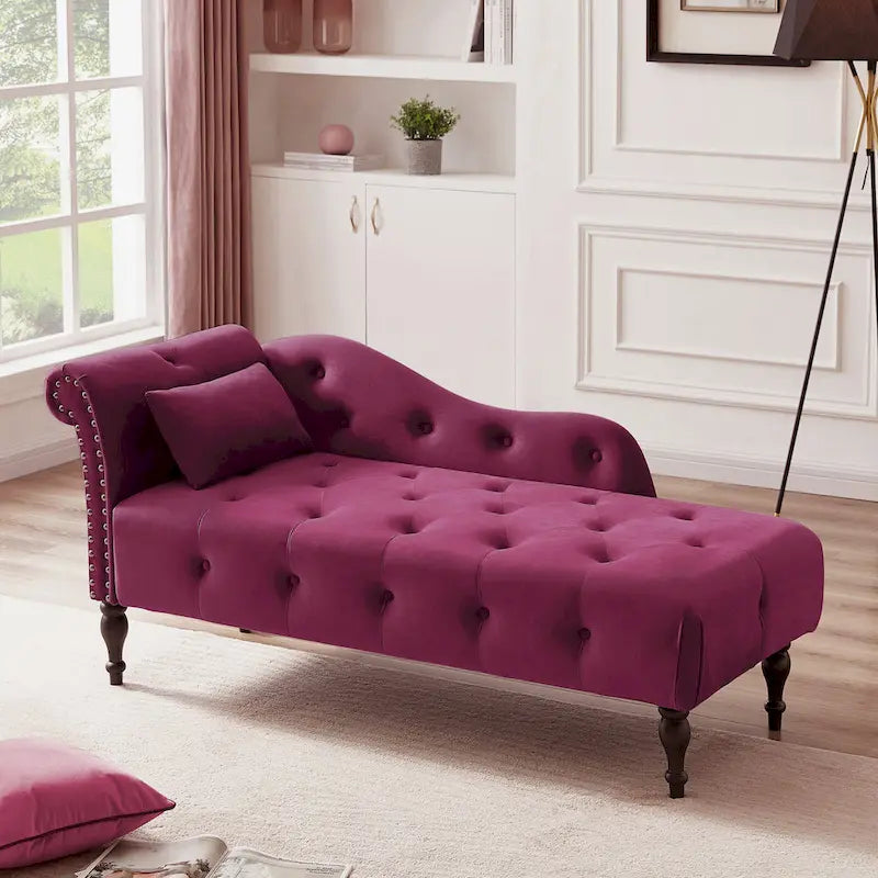 Moderna poltrona a sdraio imbottita in velluto da 60,6" con bottoni capitonné, gambe in legno massello e borchie