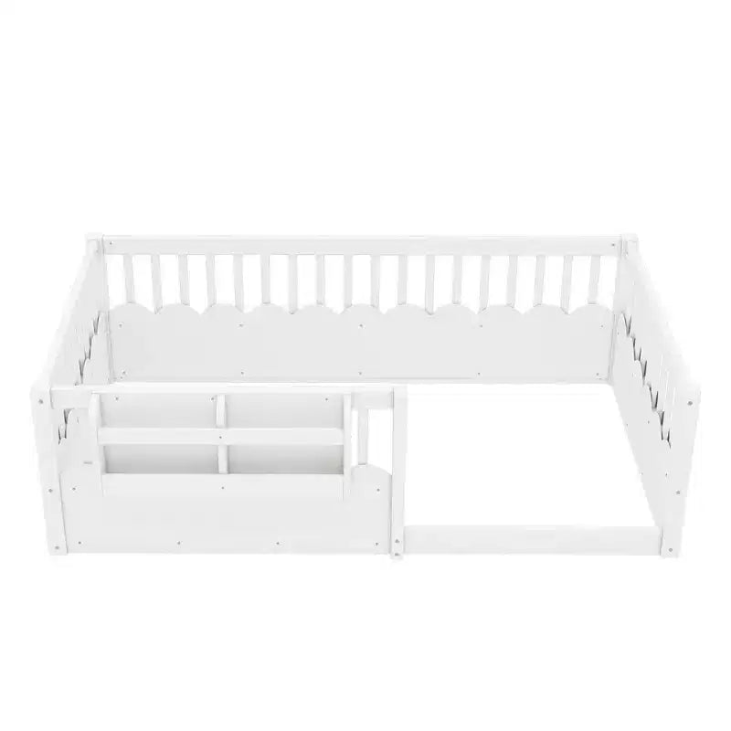 Letto a terra per bambini Bellemave con recinzione rialzata e libreria, struttura letto matrimoniale in legno Montessori per bambine e bambini